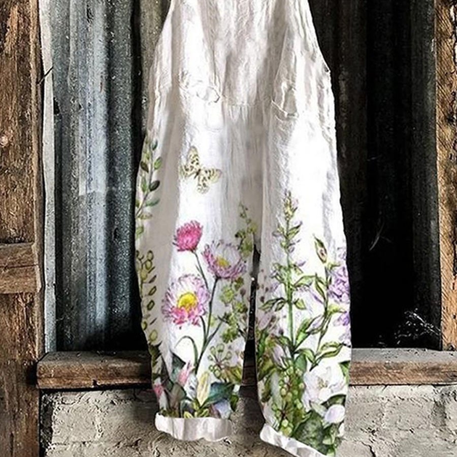 Ladies Casual Printed Cotton Linen Jumpsuit