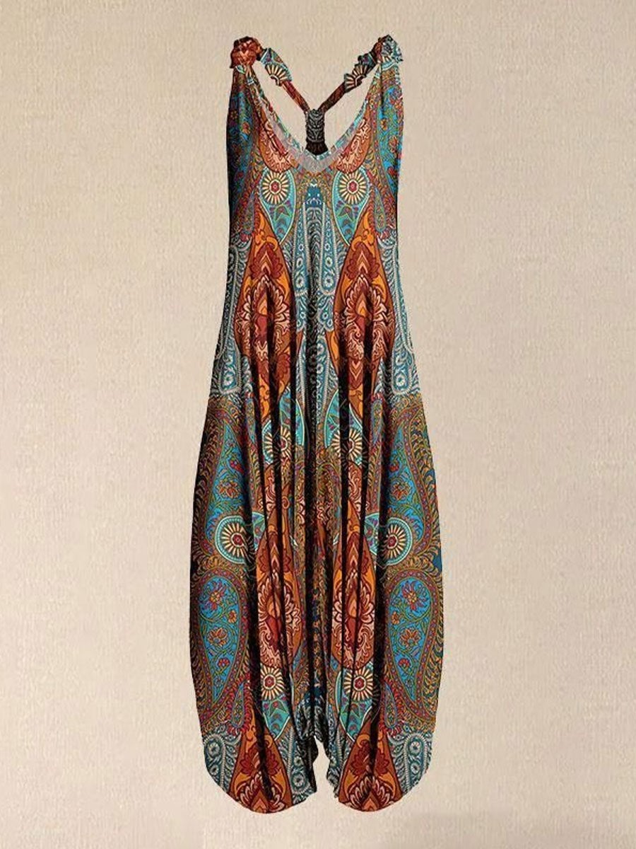 Women Teal & Orange Paisley Racerback Harem Jumpsuit