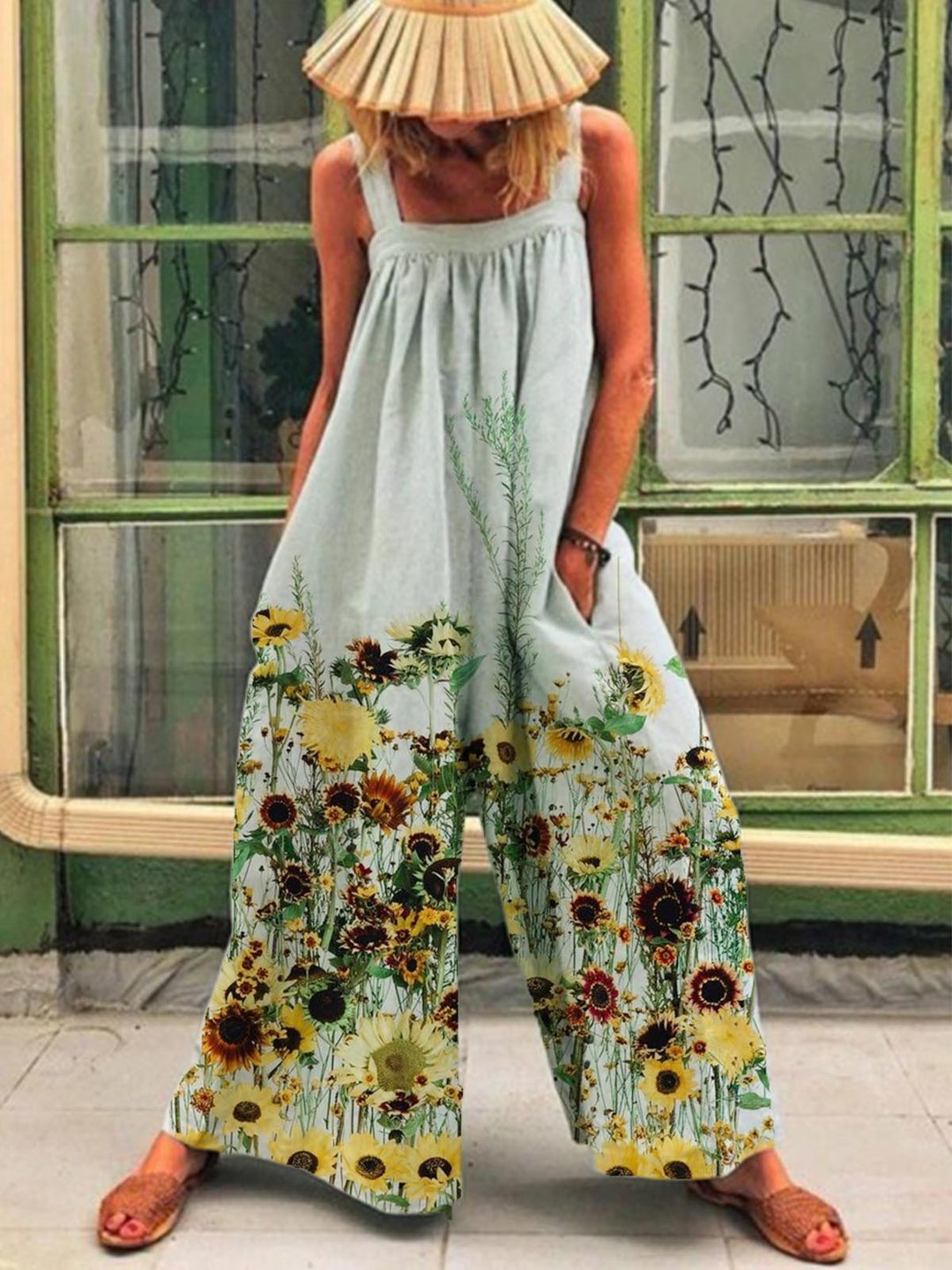 Sunflower print casual suspender jumpsuit